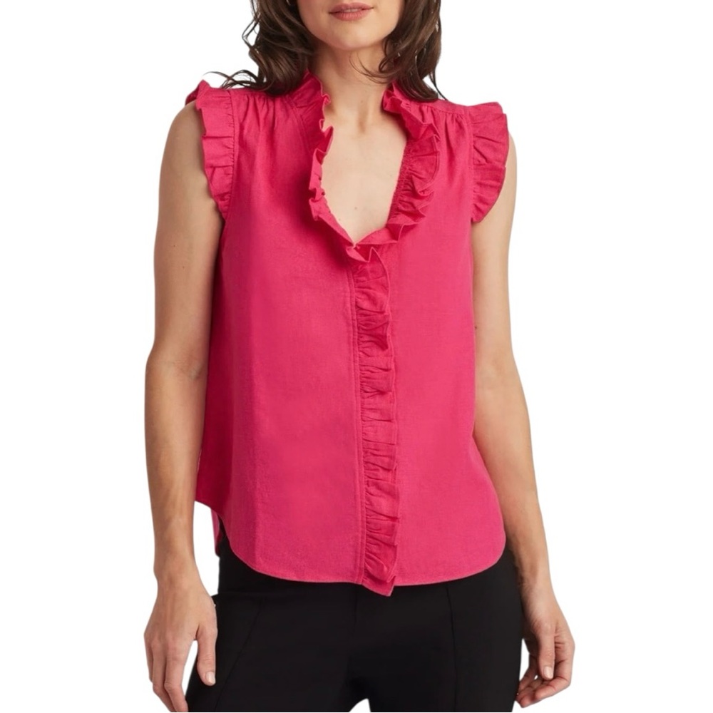 Ellen Tracy linen blend sleeveless ruffled button down top S like new condition